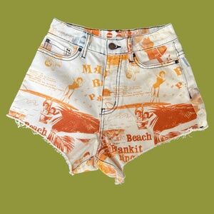 UO BDG Retro Beach Fringe Denim Shorts White Orange Blue Size 24